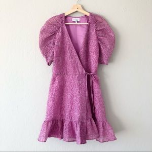 & Other Stories Puff Sleeve Ruffle Hem Brocade Wrap Mini Dress